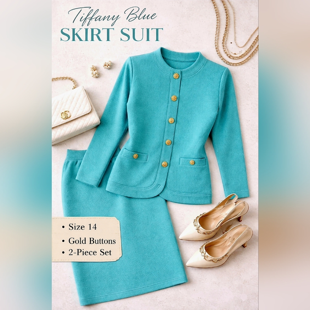 Vtg Castleberry 2 Piece Teal Cardigan & Skirt  with Gold Accents